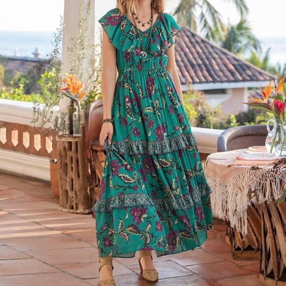 Sundance Women's Londyn Boho Ruffle Tiered Maxi Dress Small Jade Floral - Picture 1 of 15